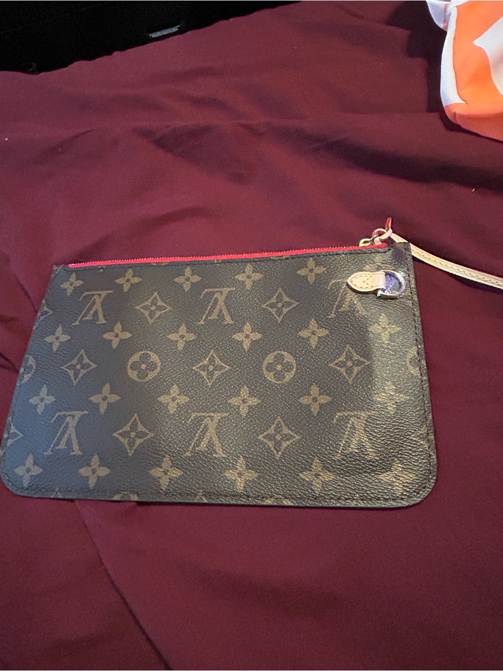 Louis Vuitton Monogram Canvas Wristlet Pouch in Brown with  Red Trim - Picture 7 of 7